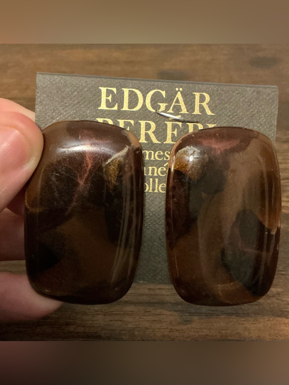New Vintage Edgar Berebi Brown Marbled Enamel Earrings Rectangular 80’s for sale
